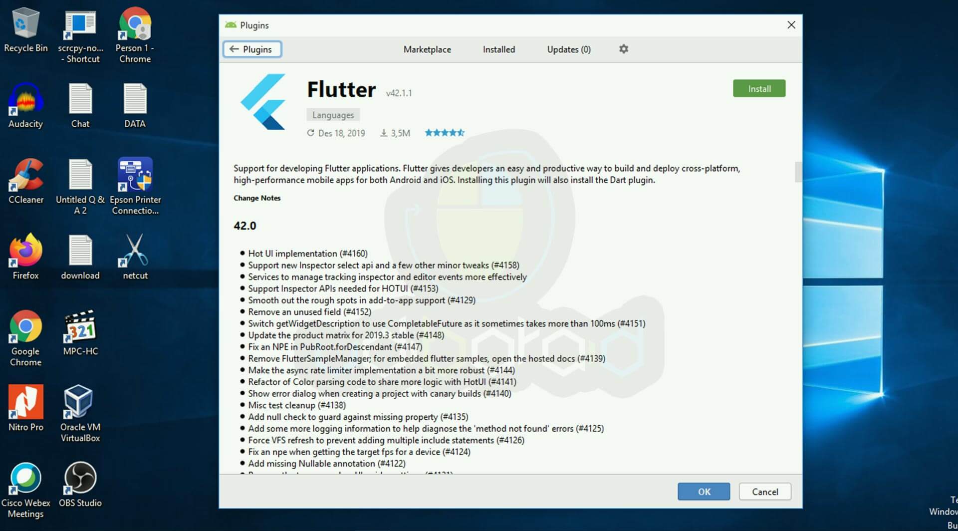 Flutter cache. Flutter Android Studio. Plugin Doctor how to use Hardware.