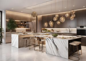 A kitchen room featuring a style that incorporates marble, granite, and quartz surfaces.