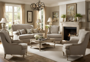 A stylish, comfy chair that complements the room's decor, offering both elegance and comfort for a cozy, inviting space.