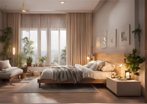 A relaxing bedroom atmosphere with the right lighting and types of lighting for a calming vibe.