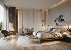 Create a relaxation-themed bedroom with a modern design.