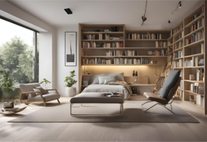 A minimalist room with a smart furniture layout designed to maximize space and functionality. The room includes a cozy reading nook with a comfortable chair and a small bookshelf serving as a subtle room divider. The furniture is arranged away from the walls to create balance and